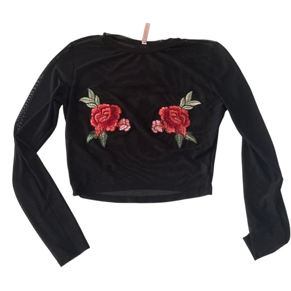 Y2K Sheer Mesh Rose Embroidered Long Sleeve Top M